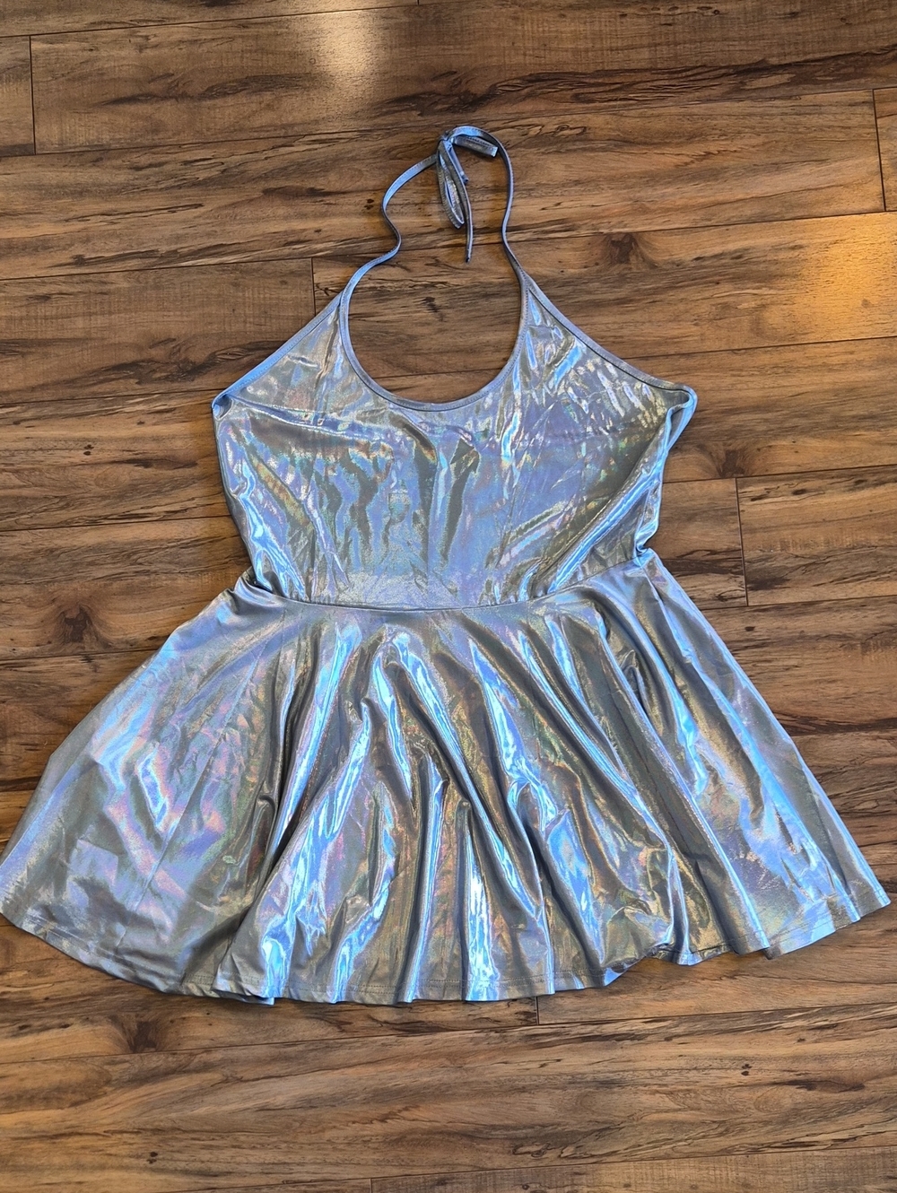 SHEIN Iridescent Halter Skater Dress in Metallic Silver